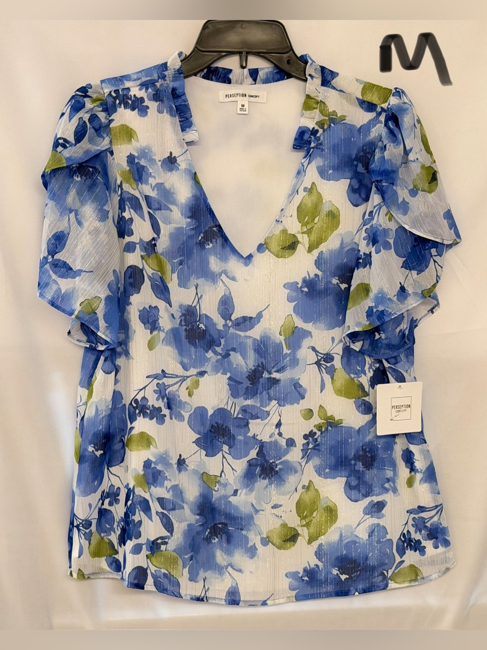 PerSeption Concept Blue & Green Floral V-Neck Ruffle Sleeve Top